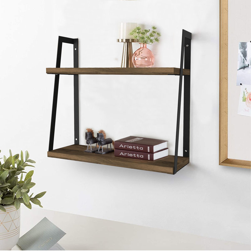 17 Stories 18 Inch Rectangular 2 Tier Wood Floating Wall Mount Shelf With Metal Frame Brown And Black Wayfair